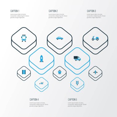 Taşıma renkli simgeler kümesi. Scooter, helikopter, kamyon ve diğer öğeleri koleksiyonu. Ayrıca Road, Jet, helikopter gibi simgeler içerir.