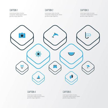 Güneş renkli simgeler kümesi. Yunus, şort, şemsiye ve diğer öğeleri koleksiyonu. Kavun, Flip, gemi gibi semboller de içerir.