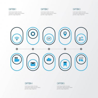 Internet renkli simgeler kümesi. Animasyon, Wifi, konum ve diğer öğeleri koleksiyonu. Gibi konum, dişli, bulutlu sembolleri de içerir.