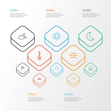 Hava anahat simgelerini belirlemek. Sıcaklık, gece, bulut ve diğer öğeleri koleksiyonu. Ayrıca sembolleri gibi içerir bulutlu, bayrak, Sunshine.