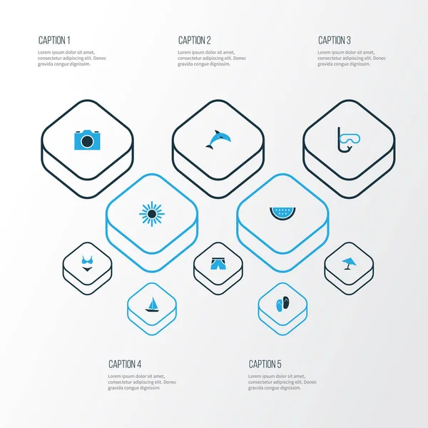 Güneş renkli simgeler kümesi. Yunus, şort, şemsiye ve diğer öğeleri koleksiyonu. Kavun, Flip, gemi gibi semboller de içerir.