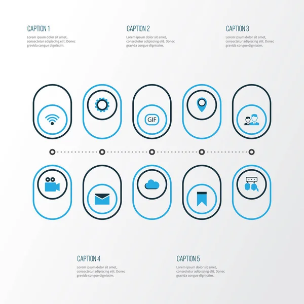 Internet renkli simgeler kümesi. Animasyon, Wifi, konum ve diğer öğeleri koleksiyonu. Gibi konum, dişli, bulutlu sembolleri de içerir.