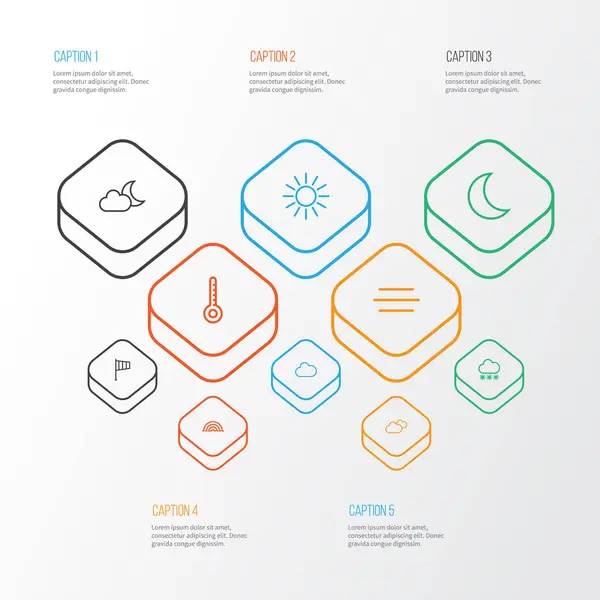 Hava anahat simgelerini belirlemek. Sıcaklık, gece, bulut ve diğer öğeleri koleksiyonu. Ayrıca sembolleri gibi içerir bulutlu, bayrak, Sunshine.