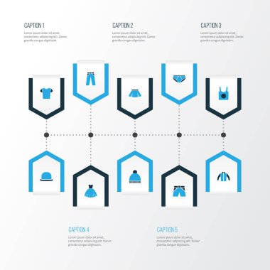 Giysi renkli simgeler kümesi. Pantolon, tişört, ceket ve diğer öğeleri koleksiyonu. Ayrıca, gömlek, iç çamaşırı, etek gibi simgeler içerir.