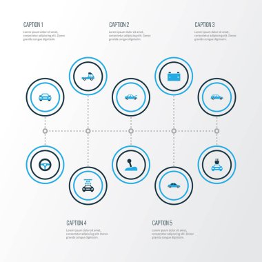 Otomobil renkli simgeler kümesi. Kamyon, otomatik Hood, Sedan ve diğer öğeleri koleksiyonu. Ayrıca vagon, kolu, Hatchback gibi simgeler içerir.