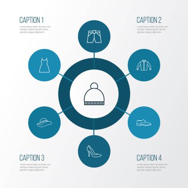 Giysi anahat simgeler kümesi. Pon pon, Panama, hırka ve diğer öğeleri koleksiyonu. Ayrıca elbisesi, kadınsı, topuklar gibi simgeler içerir.