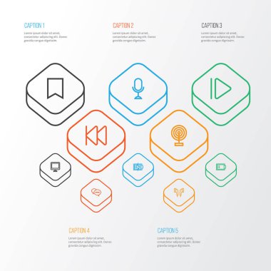 Müzik anahat simgelerini belirlemek. Kulaklık, sohbet, döküm ve diğer öğeleri koleksiyonu. Ayrıca düşük, mikrofon, geriye doğru gibi semboller içerir.