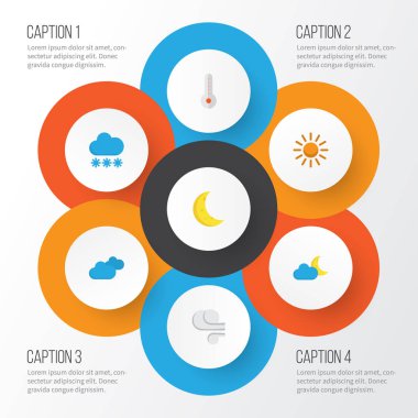 İklim düz simgeler kümesi. Hilal, fırtına, kar ve diğer öğeleri koleksiyonu. Ayrıca fırtına, bulutlu, kar gibi simgeler içerir.