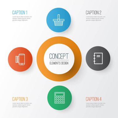 E-ticaret Icons Set. Spiral defter, hesap makinesi, cep telefonu servis ve diğer öğeleri koleksiyonu. Ekonomi, defter, alışveriş gibi semboller de içerir.