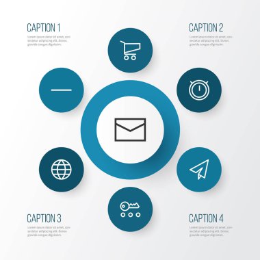 Anahat Icons Set Arabirimi. Küre, gönder, sepeti ve diğer öğeleri koleksiyonu. Ayrıca Planet, mektup, alışveriş gibi sembolleri içerir.