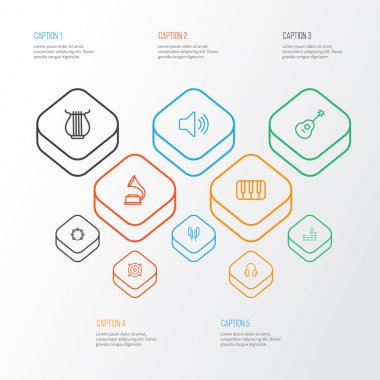 Müzik anahat simgelerini belirlemek. Ses düzeyi, fonograf, kulaklık ve diğer öğeleri koleksiyonu. Ayrıca piyano, yaylı, müzik gibi simgeler içerir.