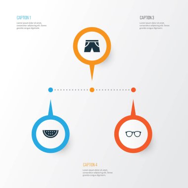 Yaz Icons Set. Kavun, gözlükler, eritme toplama ve diğer öğeler. Ayrıca kavun, eritme, şort gibi simgeler içerir.