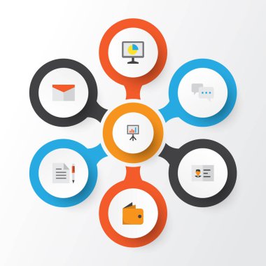 İş düz simgeler kümesi. Cüzdan, sohbet, istatistik ve diğer öğeleri koleksiyonu. Ayrıca kart, konuşma, kalem gibi simgeler içerir.