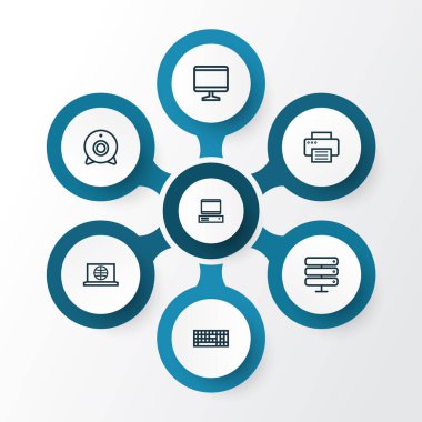 Donanım anahat simgelerini belirlemek. Datacenter, Pc, Web ve diğer öğeleri koleksiyonu. Ayrıca Datacenter, Cam, Pc gibi simgeler içerir.