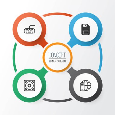 Bilgisayar simgeleri ayarlayın. Bilgisayar tuş takımı, disket, Internet ağ ve diğer öğeleri koleksiyonu. Ayrıca disket, hoparlör, tuş takımı gibi simgeler içerir.