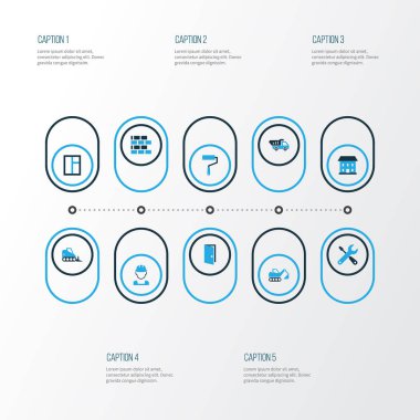 Renkli simgeler binada. Aç, boya silindiri, işçi ve diğer öğeleri koleksiyonu. Ayrıca gibi Pass, araçlar, kanatlı pencereler için simgeler içerir.