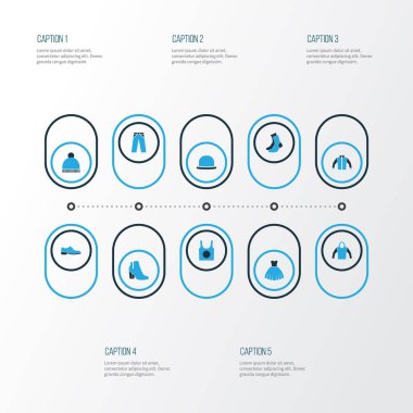 Renkli simgeler kümesi elbise. Panama, gece elbisesi, pantolon ve diğer öğeleri koleksiyonu. Ayrıca tunik, ceket, kadın gibi simgeler içerir.