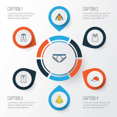 Giysi renkli anahat simgeler kümesi. İç giyim, şapka, Sweatshirt ve diğer öğeleri koleksiyonu. Ayrıca, gömlek, şapka, iç çamaşırı gibi simgeler içerir.