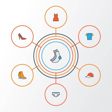 Giysi renkli anahat simgeler kümesi. T-Shirt, şapka, çorap ve diğer öğeleri koleksiyonu. Ayrıca topuklu ayakkabı, elbise, elbise gibi simgeler içerir.