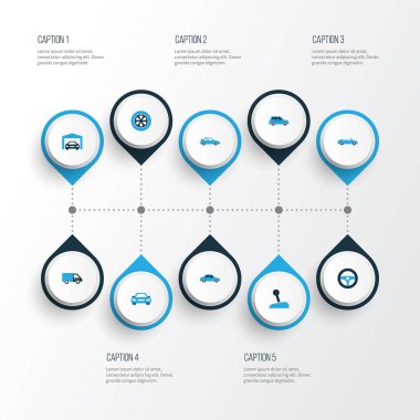 Otomobil renkli simgeler kümesi. Garaj, Crossover, direksiyon simidi ve diğer öğeleri koleksiyonu. Ayrıca Van, garaj, lastik gibi simgeler içerir.