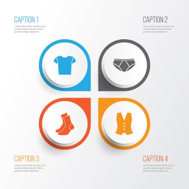 Giysi simgeler kümesi. Külotlu, külot, yelek ve diğer öğeleri koleksiyonu. Gömlek, yelek, çorap gibi semboller de içerir.