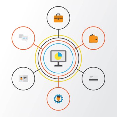 İş düz simgeler kümesi. Toplama cüzdanınızdan, istatistik, sohbet ve diğer öğeler. Ayrıca m-cüzdan, bavul, kartı gibi simgeler içerir.