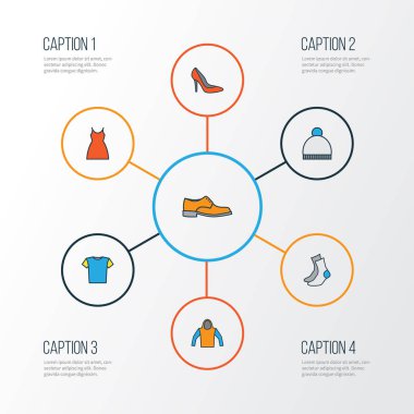 Giysi renkli anahat simgeler kümesi. Adam ayakkabı, topuklu, fasulye ve diğer öğeleri koleksiyonu. Ayrıca elbise, topuklu, Sox gibi simgeler içerir.