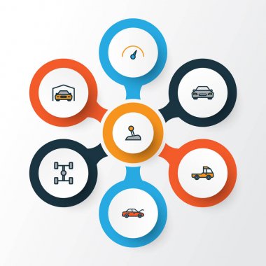 Otomatik Renkli Anahat simgelerini belirlemek. Shed, otomotiv, düzey ve diğer öğeleri koleksiyonu. Ayrıca taşıyıcı, Araba, Dingil mesafesi gibi simgeler içerir.