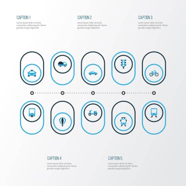 Taşıma renkli simgeler kümesi. Scooter, arabası, karavan ve diğer öğeleri koleksiyonu. Ayrıca bisiklet, balon, tren gibi simgeler içerir.