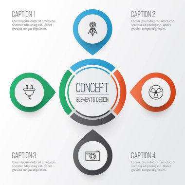 Donanım simgeleri ayarlayın. Kablosuz yönlendirici, vantilatör, dijital kamera ve diğer öğeleri koleksiyonu. Ayrıca Rotor, fotoğraf, havalandırma gibi simgeler içerir.