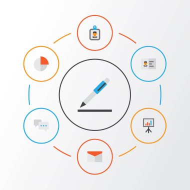 İş düz simgeler kümesi. Pasta Bar, yaka kartı, kalem ve diğer öğeleri koleksiyonu. Mektup, sunum, imzalama gibi semboller de içerir.