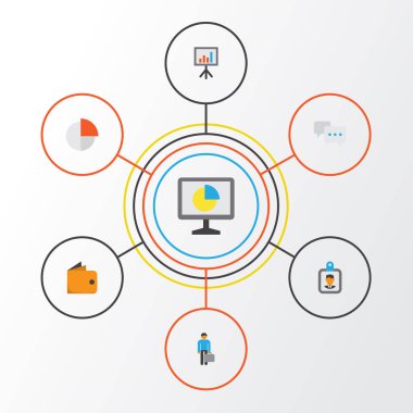 Ticaret düz simgeler kümesi. Toplama cüzdanınızdan, iş adam, sohbet ve diğer öğeler. Ayrıca Analytics, kimlik, masa gibi simgeler içerir.