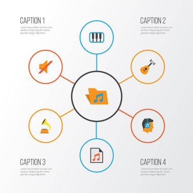 Multimedya düz simgeler kümesi. Portföy, medya, piyano ve diğer öğeleri koleksiyonu. Ayrıca liste, gramofon, medya gibi simgeler içerir.