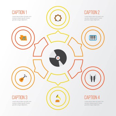 Multimedya düz simgeler kümesi. Ritim, Shellac, kulaklık ve diğer öğeleri koleksiyonu. Ayrıca kulaklık, kulaklık, piyano gibi simgeler içerir.