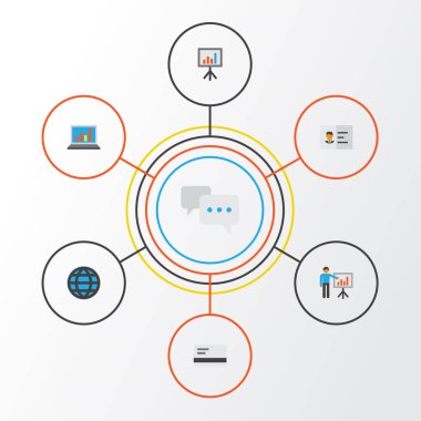İş düz simgeler kümesi. Adam, sohbet ve diğer öğeleri sunma topluluğu genel. Ayrıca kimliği, ağ, chat gibi sembolleri içerir.