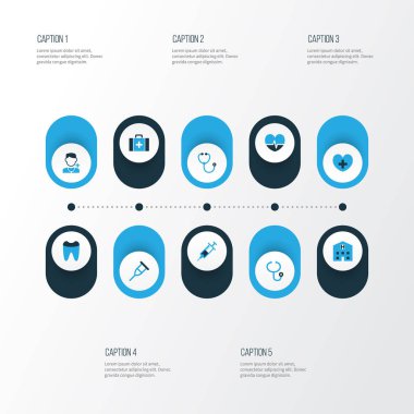 Antibiyotik renkli simgeler kümesi. Diş, koltuk değneği, doktor ve diğer öğeleri koleksiyonu. Ayrıca Spike, kalp, adam gibi simgeler içerir.