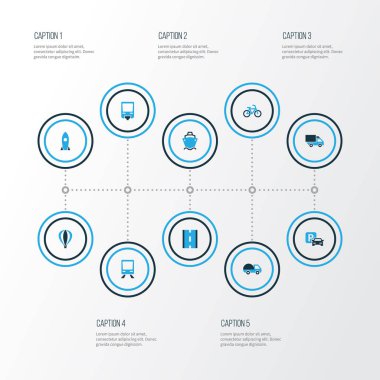 Sevk irsaliyesi renkli simgeler kümesi. Bisiklet, karavan, kamyon ve diğer öğeleri koleksiyonu. Ayrıca döngüsü, tramvay, hava gibi simgeler içerir.