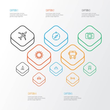 Yolculuk anahat simgelerini belirlemek. Uçak, Video, oklar ve diğer öğeleri koleksiyonu. Taksi, kamera, nefret gibi semboller de içerir.