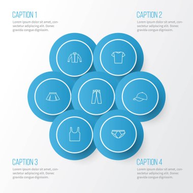 Giysi anahat simgeler kümesi. İç çamaşırı, bluz, hırka ve diğer öğeleri koleksiyonu. Ayrıca ceket, iç çamaşırı, pantolon gibi simgeler içerir.