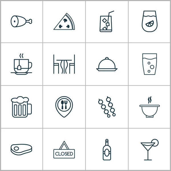 Äta ikoner Set. Samling av saft, läsk Drink, Cocktail och andra element. Innehåller också symboler såsom Pizza, stek, lemonad. — Stock vektor