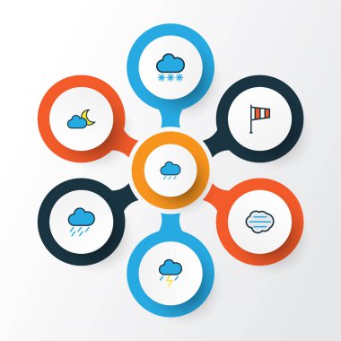 Hava renkli anahat simgelerini belirlemek. Kar Thunderstroke, Hail ve diğer öğeleri koleksiyonu. Ayrıca sembolleri gibi içerir puslu, yağmur damlası, yağmur bulutu.