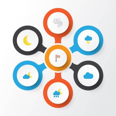 İklim düz simgeler kümesi. Doluya, bulut, fırtına ve diğer öğeleri koleksiyonu. Ayrıca Flash, Moon, hilal gibi simgeler içerir.