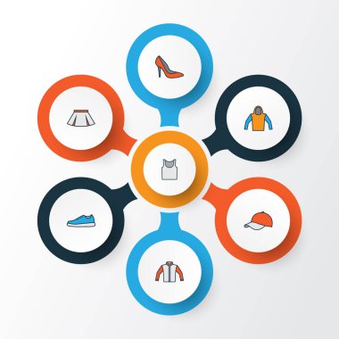 Giysi renkli anahat simgeler kümesi. İç giyim, etek, spor ayakkabıları ve diğer öğeleri koleksiyonu. Ayrıca kız, topuklu, Ayakkabı gibi simgeler içerir.