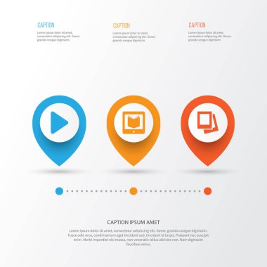 Multimedya simgeler kümesi. Begin, topluluğu E-okuyucu, albüm ve diğer öğeleri. Ayrıca, Galeri, oyun, okuyucu gibi simgeler içerir.