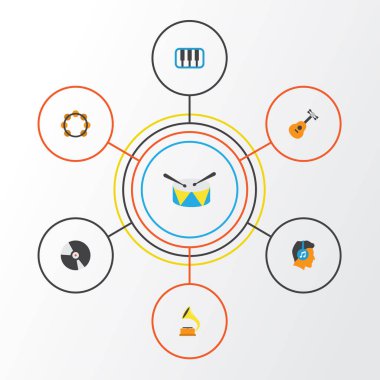 Ses düz simgeler kümesi. Dj, piyano, ritim ve diğer öğeleri koleksiyonu. Ayrıca dinle, enstrüman, ritim gibi simgeler içerir.