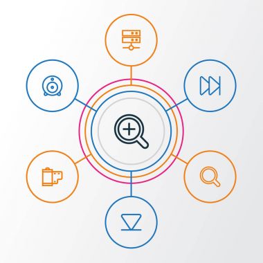 Medya Icons Set anahat. İleri, Büyüteç, Datacenter ve diğer öğeleri koleksiyonu. Ayrıca Datacenter, Zoom, medya gibi simgeler içerir.