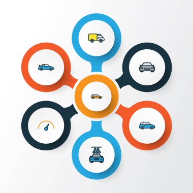 Otomatik Renkli Anahat simgelerini belirlemek. Çamaşır, otomotiv, makine ve diğer öğeleri koleksiyonu. Ayrıca otobüs, Sedan, hız gibi simgeler içerir.