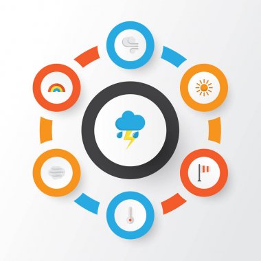 Hava düz simgeler kümesi. Rüzgarlı topluluğu, fırtına, yıldırım ve diğer öğeleri. Ayrıca sembolleri gibi içerir güneşli, şimşek, sıcaklık.