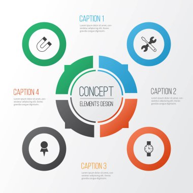 Araçlar simgeler kümesi. Cazibe, zamanlayıcı, konum ve diğer öğeleri koleksiyonu. Ayrıca zamanlayıcı, hedef, saat gibi simgeler içerir.