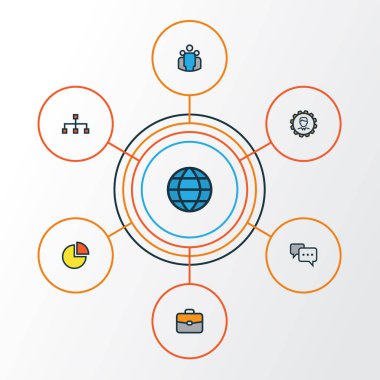 Ticaret renkli anahat simgeler kümesi. Takım, dünya, ağ ve diğer öğeleri koleksiyonu. Ayrıca Planet, diyagram, grup gibi simgeler içerir.